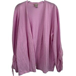 Chicos Cardigan Open Size XL Solid Pink Ruched Sleeves Cotton Nylon Lightweight